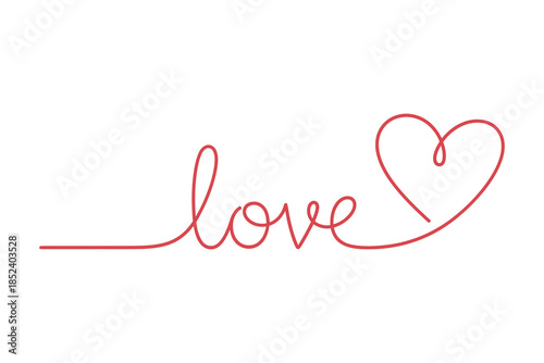 Continuous line art illustration of the word love flowing into a heart shape, symbolizing affection and romance