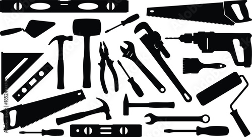 Hand tools silhouette set, construction repair equipment collection, hammer saw wrench drill screwdriver painting tools isolated vector illustration design