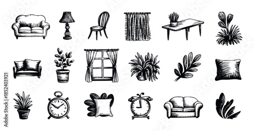 Handdrawn collection of furniture and home decor elements like sofas, chairs, lamps, plants, curtains, and clocks for interior design and concept use