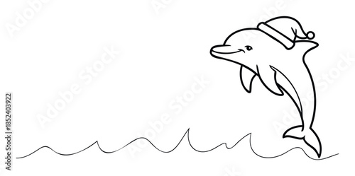 Cute dolphin wearing a Santa hat leaping out of the water with wavy lines suggesting ocean waves, perfect for holiday greetings and winter themes.