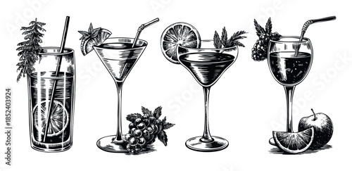 Collection of refreshing drinks and fresh fruits in vintage woodcut style for beverage advertising and healthy lifestyle content