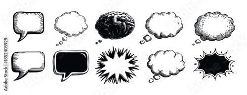 A collection of comic speech and thought bubbles in a hand drawn sketch style suitable for graphic design projects and storytelling, offering diverse shapes and textures for impactful