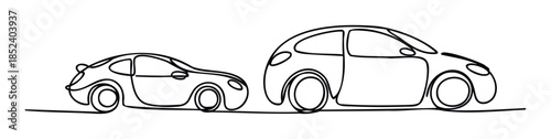 Two simplified cars depicted with a single continuous black line drawing on a plain background, representing modern transportation and personal mobility for commercial use.