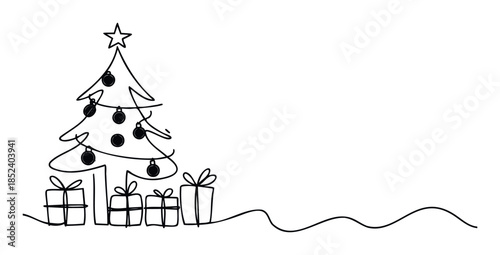 Simple continuous line drawing of a festive Christmas tree adorned with ornaments and gifts below, perfect for holiday greetings and seasonal promotions.
