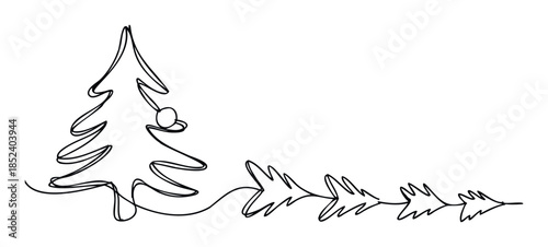 Continuous line drawing of a Christmas tree with ornaments and smaller trees forming a festive garland, perfect for holiday greetings and seasonal promotions.