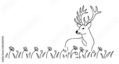 A graceful deer with large antlers rests peacefully amidst a meadow filled with delicate wildflowers, perfect for nature and wildlife themes.