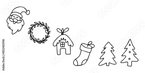 Simple line drawings of festive Christmas icons including Santa Claus, wreath, gingerbread house, stocking and trees for holiday season celebration and greeting applications.