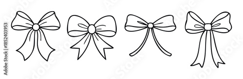 Collection of four hand drawn bow shapes with flowing ribbons in a simple outline style, perfect for gift wrapping and celebration decorations
