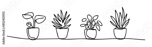 Collection of four potted plants depicted in a continuous line drawing style perfect for home decor and plant enthusiast themes
