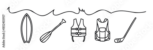 Collection of water sport and winter sport equipment including surfboard paddle life vest and hockey stick for outdoor activities and recreation