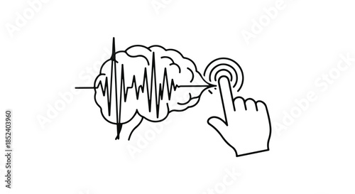 Hand touching brain with heart monitor waveform, symbolizing thought and health