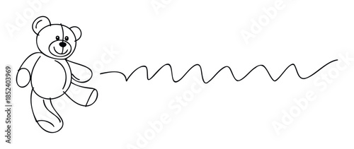 Whimsical black line drawing of a playful teddy bear walking and leaving a wavy trail, perfect for childrens books, toy store promotions, or nursery decor.