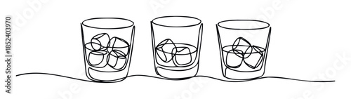 Minimalist continuous line drawing of three glasses filled with ice cubes, representing refreshment and beverages for modern concepts and promotions