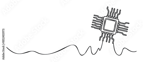 Outline of a microchip connected to a wavy line, perfect for technology, engineering, and data concepts for business presentations and digital media projects.