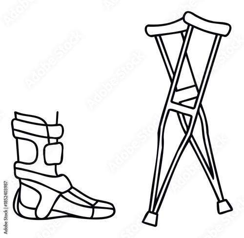 Orthopedic boot and crutches in line art style, representing recovery and mobility aid for medical and rehabilitation purposes.