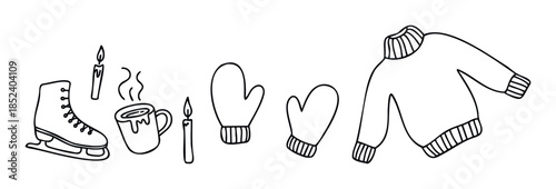 Cozy winter comfort and outdoor fun icons including ice skates, warm mug, mittens and sweater, perfect for seasonal themes and festive promotions.