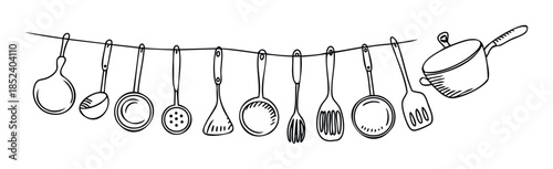 A collection of handdrawn kitchen utensils, including ladles, spatulas, and a pot, suspended from a string for a rustic cooking theme or home organization concept.