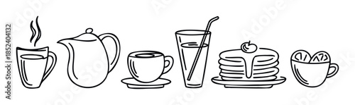 Simple outline drawings of breakfast food and beverages including coffee cups, a teapot, a glass of juice, pancakes, and fruit in a mug, perfect for menus or recipe cards.