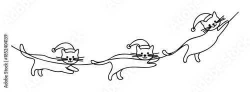 Three cheerful cats wearing Santa hats are connected in a playful line, perfect for holiday greeting cards and festive winter promotions