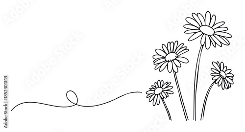 Minimalist black line drawing of cheerful daisies with playful swirling vine for use in nature themes and decorative projects