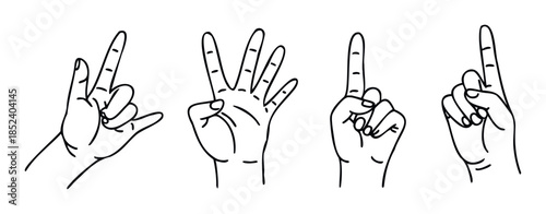 Collection of hand gestures showing numbers and symbols for counting, communication, and expressing ideas, perfect for educational materials and creative projects.