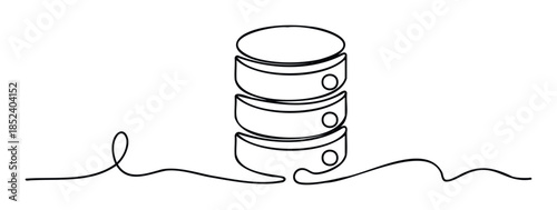 Continuous line drawing of a multilayered database symbol connected by a flowing line, representing data flow and connectivity for technology concepts.