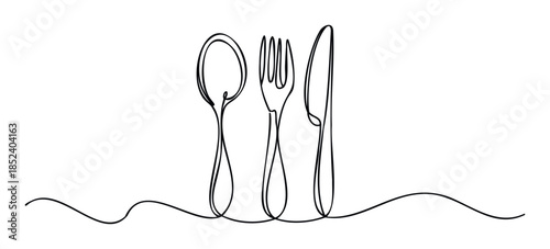 Minimalist continuous line drawing of a fork, knife, and spoon on a wavy surface, ideal for restaurant promotion or culinary websites