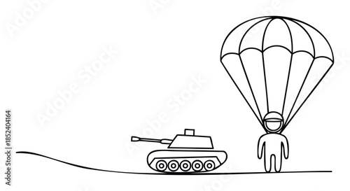 Military parachute soldier lands near a tank symbolizing airborne assault operations and strategic deployment in combat scenarios for defense or tactical training concepts