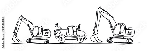 Three line drawing construction vehicles including excavators and a truck, suitable for educational materials, childrens books, and design projects.