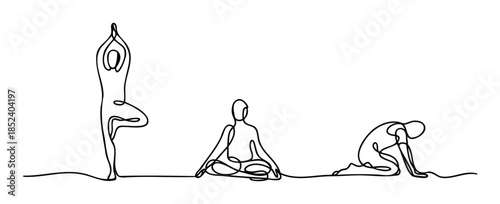Continuous line drawing showing three figures in various yoga poses, perfect for health and wellness related projects and website graphics.