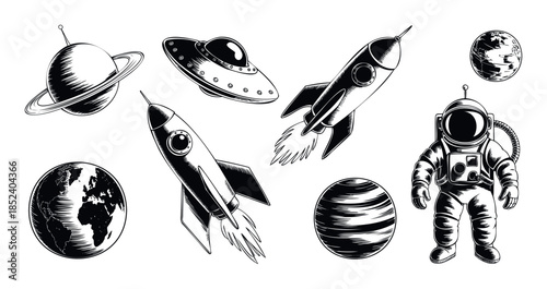 Vintage space objects including planets, rockets, UFO, and astronaut for science fiction and exploration themes