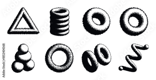 Abstract fuzzy geometric shapes including a triangle, stacked rings, torus, spheres, and a spiral, presented in a monochromatic style for use in graphic projects and visual themes.