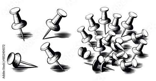 Engraved style drawing of push pins scattered and arranged individually, ideal for office, school, or crafting themes.