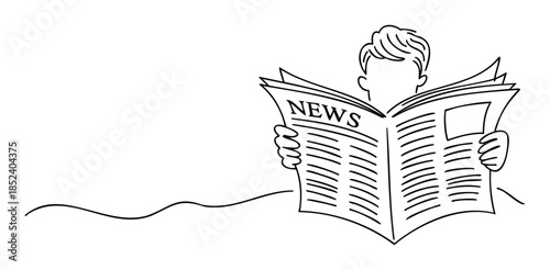 Minimalist single line drawing of a person reading a newspaper with the word NEWS prominently displayed on the front page, perfect for news outlets and media concepts.