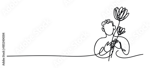 Continuous line drawing of a person holding a bouquet of flowers, representing love and thoughtful gifts, ideal for greeting cards and romantic themes.