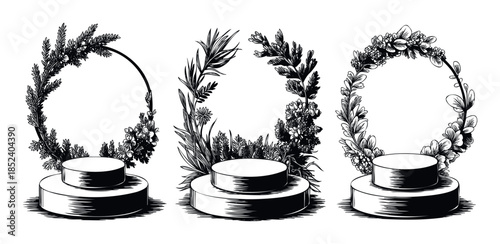 Botanical podiums with floral garlands in a sketched style for product display or branding applications