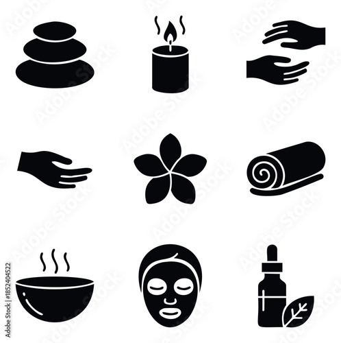 Collection of black icons representing spa treatments, wellness, and relaxation, perfect for health and beauty services marketing and websites.