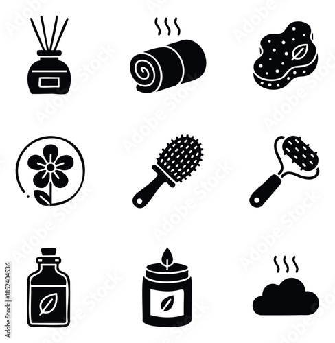 Collection of Spa and Wellness Icons Including Aroma Diffuser, Rolled Towel, Loofah, Flower, Hairbrush, Roller Massager, Oil Bottle, Candle, and Steam