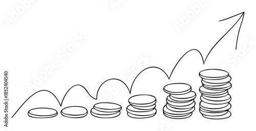 Conceptual graph of increasing wealth represented by stacks of coins and an upward trending arrow symbolizing financial growth and investment success for business or economic themes