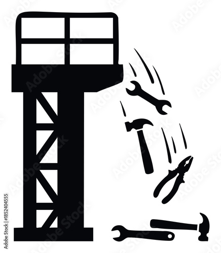 Industrial construction structure with tools falling from height representing safety hazards or construction accidents, perfect for safety awareness campaigns and risk management concepts.