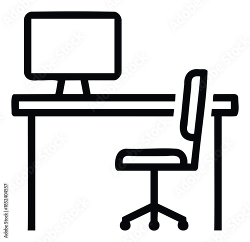 Simple outline drawing of a computer monitor on a desk with a chair, representing a home office or workspace setup suitable for business or personal use.