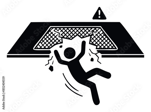 Warning sign depicts a person falling through a broken grate, symbolizing danger and hazard in construction or industrial settings for safety awareness.