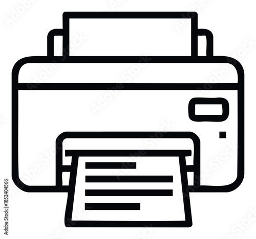 Simple black outline icon of a printer with paper emerging from the output tray, suitable for technology and office document printing concepts.