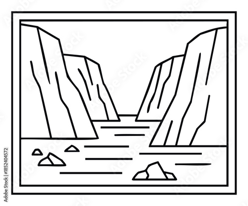 Minimalist outline of a river flowing through a canyon with prominent rock formations, ideal for nature graphics and travel content creation.