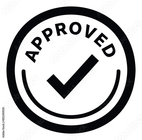 Round approval stamp with checkmark symbol signifying successful validation and acceptance, perfect for business documentation, quality control, or certification processes.
