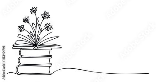 Stack of books with blooming flowers emerging from an open page, symbolizing growth and knowledge, perfect for education and literature concepts