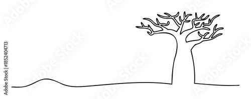 Minimalist line art of a bare deciduous tree on rolling ground symbolizing nature, seasons, and organic growth for organic product branding, environmental awareness campaigns, or natural