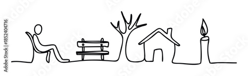 Simple line drawing of a person relaxing on a bench near a house and candle, representing tranquility and home comfort, perfect for lifestyle and wellness themes.