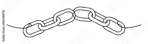 Black and white line drawing of a metal chain with interlocking links, symbolizing connection, strength, or a broken bond, perfect for abstract concepts or graphic elements