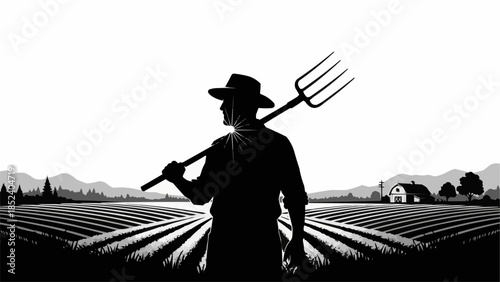 Farmer Standing in Field with Pitchfork.